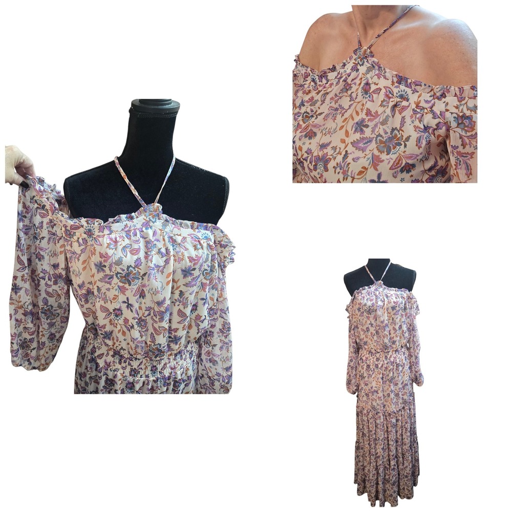 NWT 1.State Step Into Fall Print Off Shoulder Halter Maxi Dress‎ Sz M